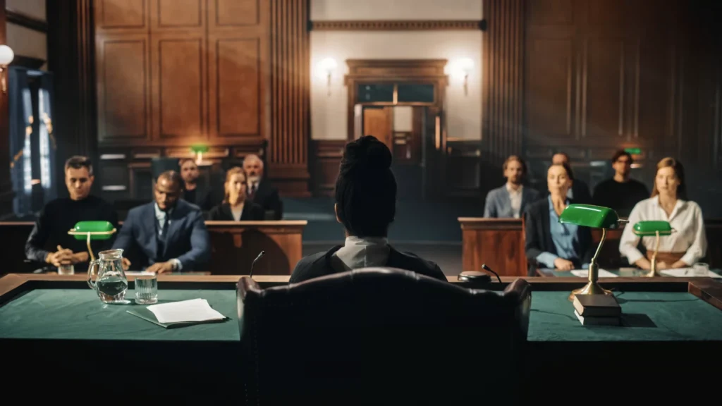 AI Created image for a mock trial shows a judge and the rest of the court room from behind the judge
